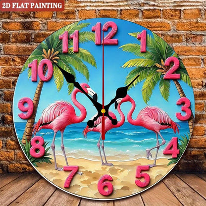 Tropical Flamingo Wall Clock. Round coastal design for living room or bedroom.