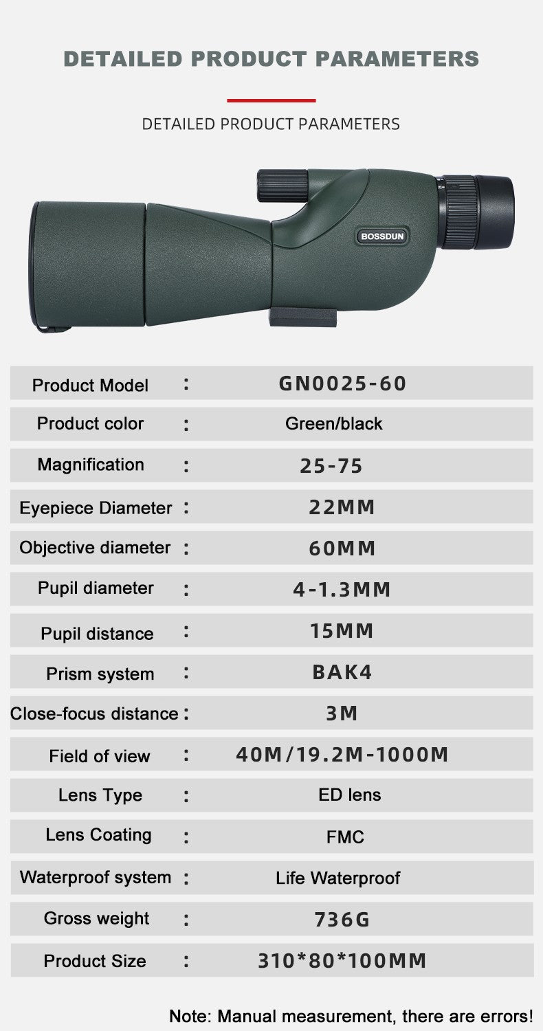 Monóculo Telescópio para Observação de Aves 25-75x60 ED HD Prisma BAK4 Impermeável e Anti-embaciamento para Acampamento ao Ar Livre e Observação da Vida Selvagem