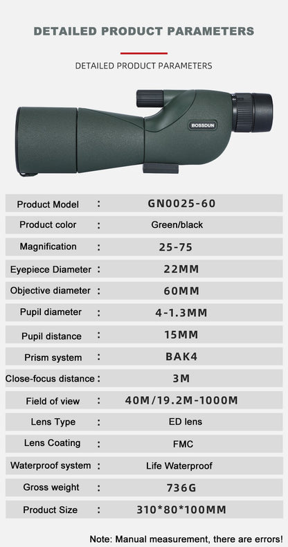 Monóculo Telescópio para Observação de Aves 25-75x60 ED HD Prisma BAK4 Impermeável e Anti-embaciamento para Acampamento ao Ar Livre e Observação da Vida Selvagem