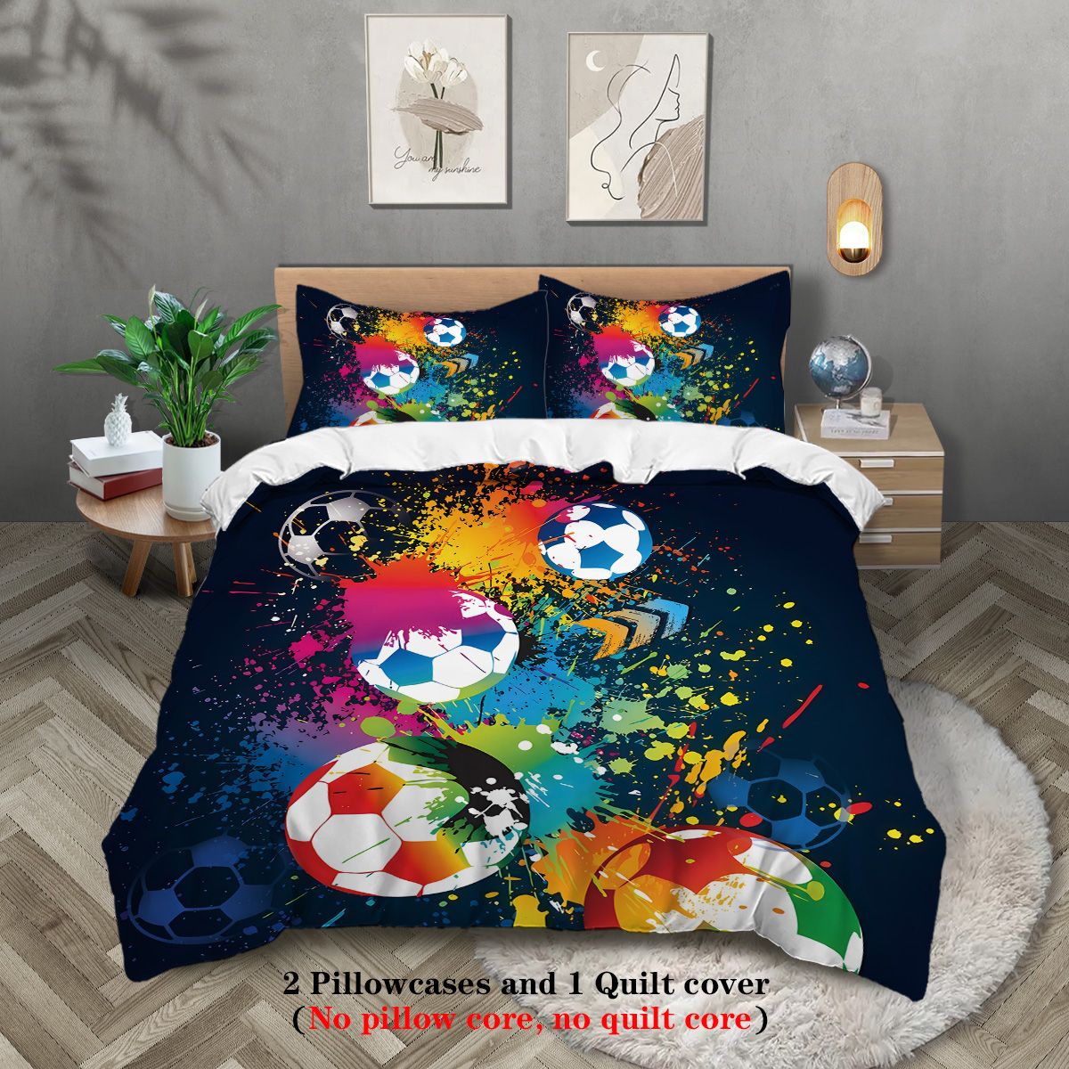 3-piece set, colorful football pattern printed duvet set, queen, king, double bed, party  funny and creative bedding set