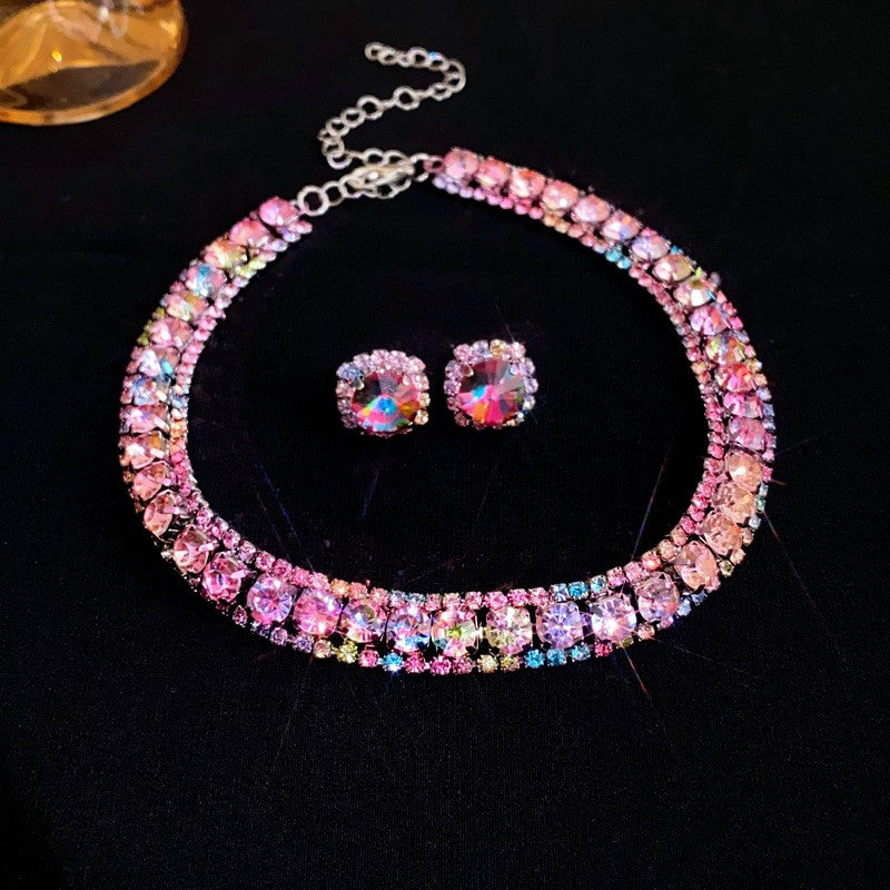 Conjunto de Joias Femininas com Colar de Luxo Verde Strass Brincos de Cristal Gargantilha Colares para Casamentos e Banquetes