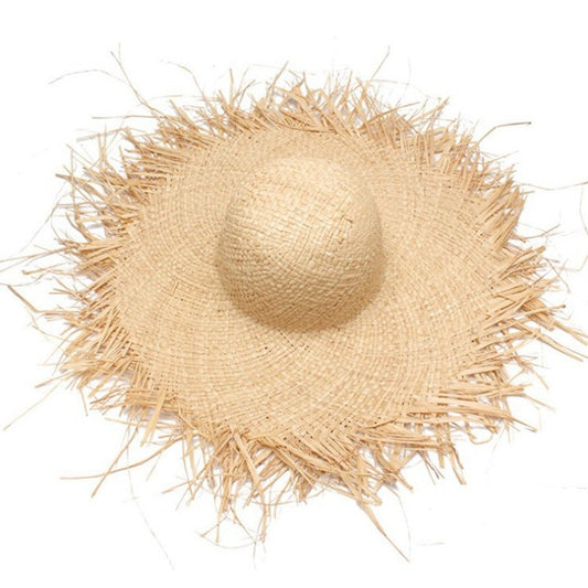 WZCX Feito à Mão Borla Feminina Chapéus de Sol de Palha Aba Larga Grande Chapéu de Palha Natural de Ráfia Panamá Praia Chapéus de Sol Para Feriado
