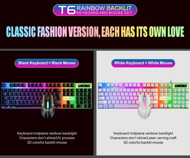 Teclado e Mouse com Fio e Retroiluminação Rainbow, Teclado com Teclas Flutuantes Forte, Resistente ao Desgaste, Sensação Confortável para Escritório Comercial