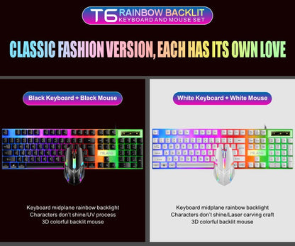Teclado e Mouse com Fio e Retroiluminação Rainbow, Teclado com Teclas Flutuantes Forte, Resistente ao Desgaste, Sensação Confortável para Escritório Comercial
