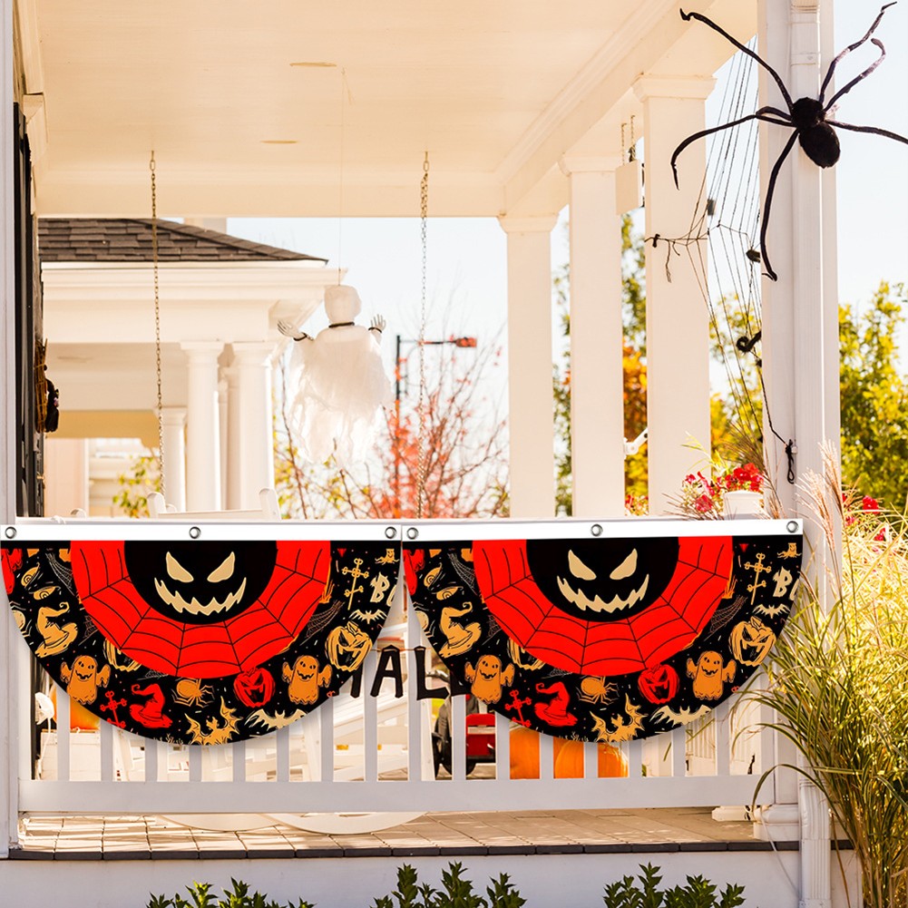Halloween Fan Flag Spooky Halloween Bunting Flag Set for Outdoor Yard Decor Skull Ghost Pumpkin Banner for Porch Fence Kitchen