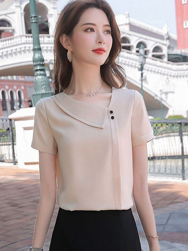 Women Spring Summer Style Chiffon Blouses Shirts Lady Casual Asymmetrical Collar Short Sleeve Chiffon Blusas Tops DF4028