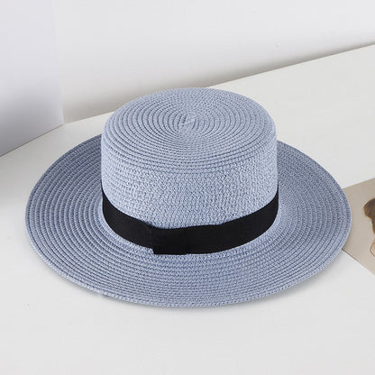 Chapéu de Sol Unissex de Verão com Topo Plano para Mulheres e Homens, Cor Sólida, Aba Larga, Fita Preta, Chapéu de Palha de Praia Dobrável, Bonés Frescos para Férias