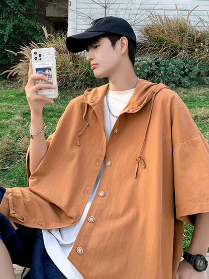 Gmiixder Hooded Short-sleeved Shirts for Men Women Japan Summer Trend Cityboy Solid Blouse Unisex Cargo Button Up Shirt Jacket