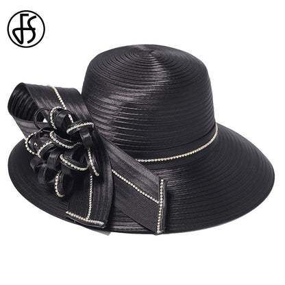 Chapéu Fedora Feminino Elegante Preto Vestido Formal Senhora Igreja Coquetel Chá Festa Chapéus Derby para Mulheres Laço Flor Aba Larga Chapéus Cloche