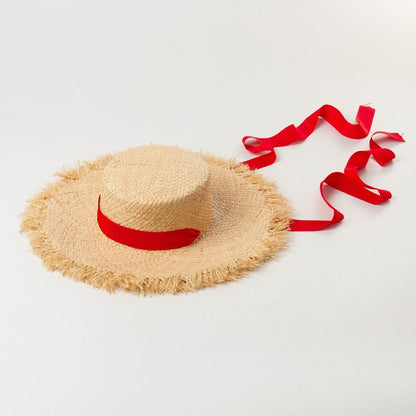 Chapéu de Palha de Ráfia Feminino, Chapéus de Sol de Verão, Fita da Moda para Meninas, 52cm, Infantil, Aba Larga, Proteção UV, Chapéus de Praia para Mulheres