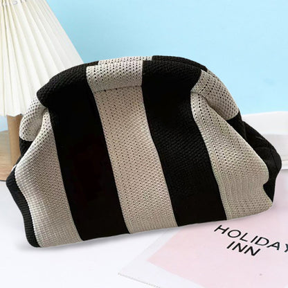 Women Knit Stripe Purse Contrast Color Small Crochet Handbag Knitting Dumpling Clutch Woven Bag for Female