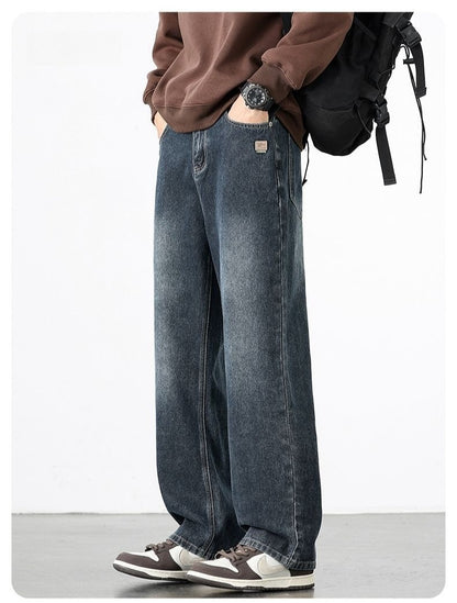 Calça Jeans Masculina Reta Vintage de Primavera Outono Calça Casual de Alta Qualidade Masculina Coreana Moderna Folgada de Perna Larga