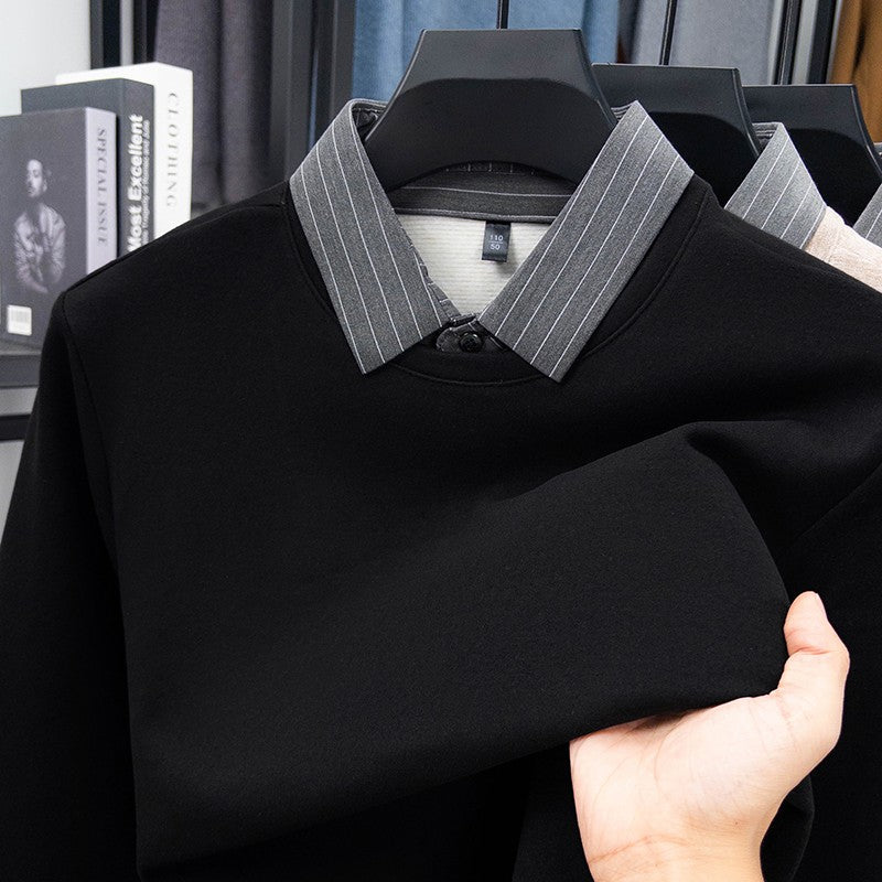 Fake Two-piece Striped Shirt Collar Knitted Sweater Men's Warm and Versatile Casual Woolen Shirt Waffle Top Winter Trend