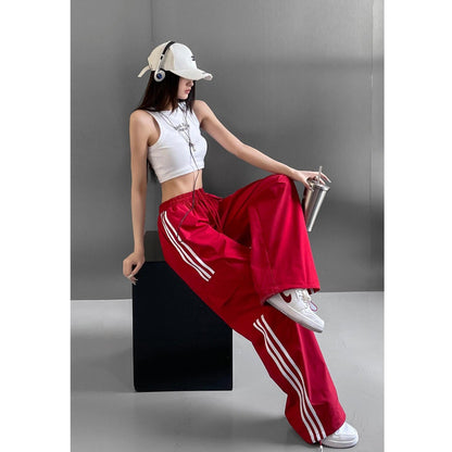 Women Casual Baggy Stripe Cargo Pants Solid Low Waist Joggers Pants Drawstring Wide Leg Baggy Trousers Y2K Streetwear Sweatpants