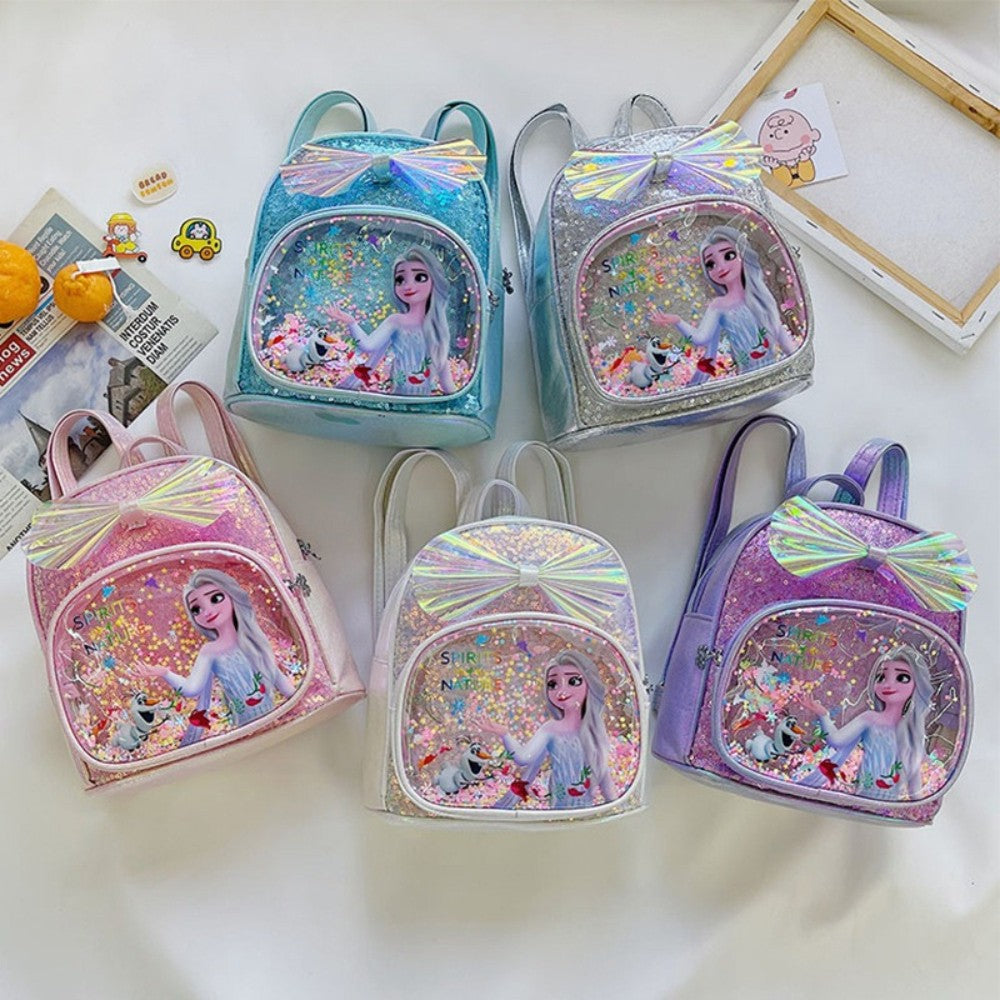 Mochila Mini de Glitter Princesa Elsa de Frozen da Disney, Linda com Laço de Lantejoulas, Bolsa Escolar de Jardim de Infância para Meninas, Desenho Animado Infantil, Mochila de Ombro Duplo