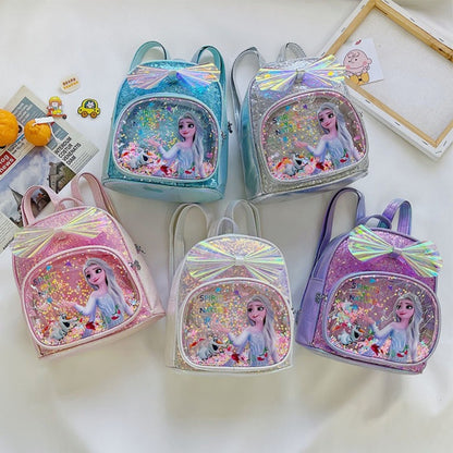 Mochila Mini de Glitter Princesa Elsa de Frozen da Disney, Linda com Laço de Lantejoulas, Bolsa Escolar de Jardim de Infância para Meninas, Desenho Animado Infantil, Mochila de Ombro Duplo