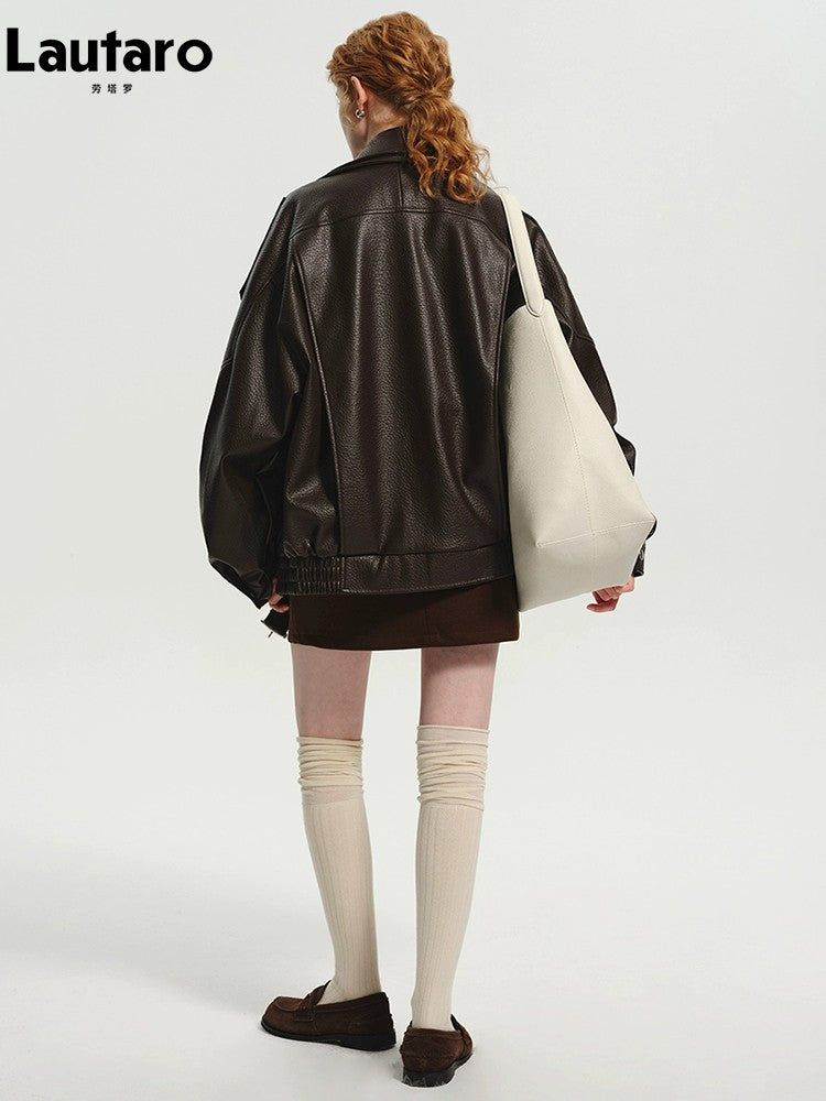 Lautaro Spring Autumn Cool Brown Oversized Pu Leather Jacket Women Long Sleeve Zip Up Luxury Designer American Retro Clothing