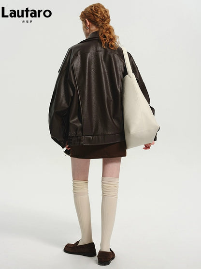 Lautaro Spring Autumn Cool Brown Oversized Pu Leather Jacket Women Long Sleeve Zip Up Luxury Designer American Retro Clothing