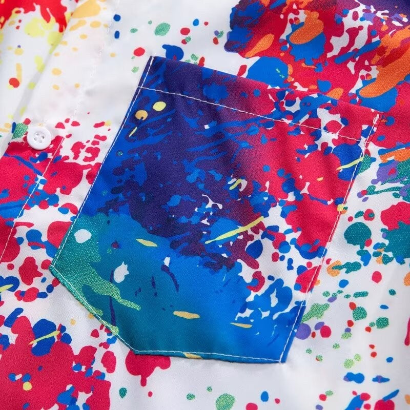 Y2K Men Oversize Street Fashion Summer Daily Shirt Hawaiian Splash-ink Print Casual Loose Short Sleeve Beach Shirts For Man Tops