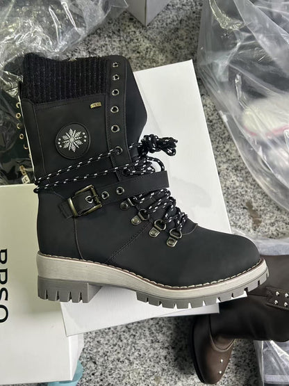 2025 Women Winter Buckle Lace Knitted Mid-calf Boots Low Heel Round Toe Boots Top Quality Winter Warm Boots Women Botas De Mujer