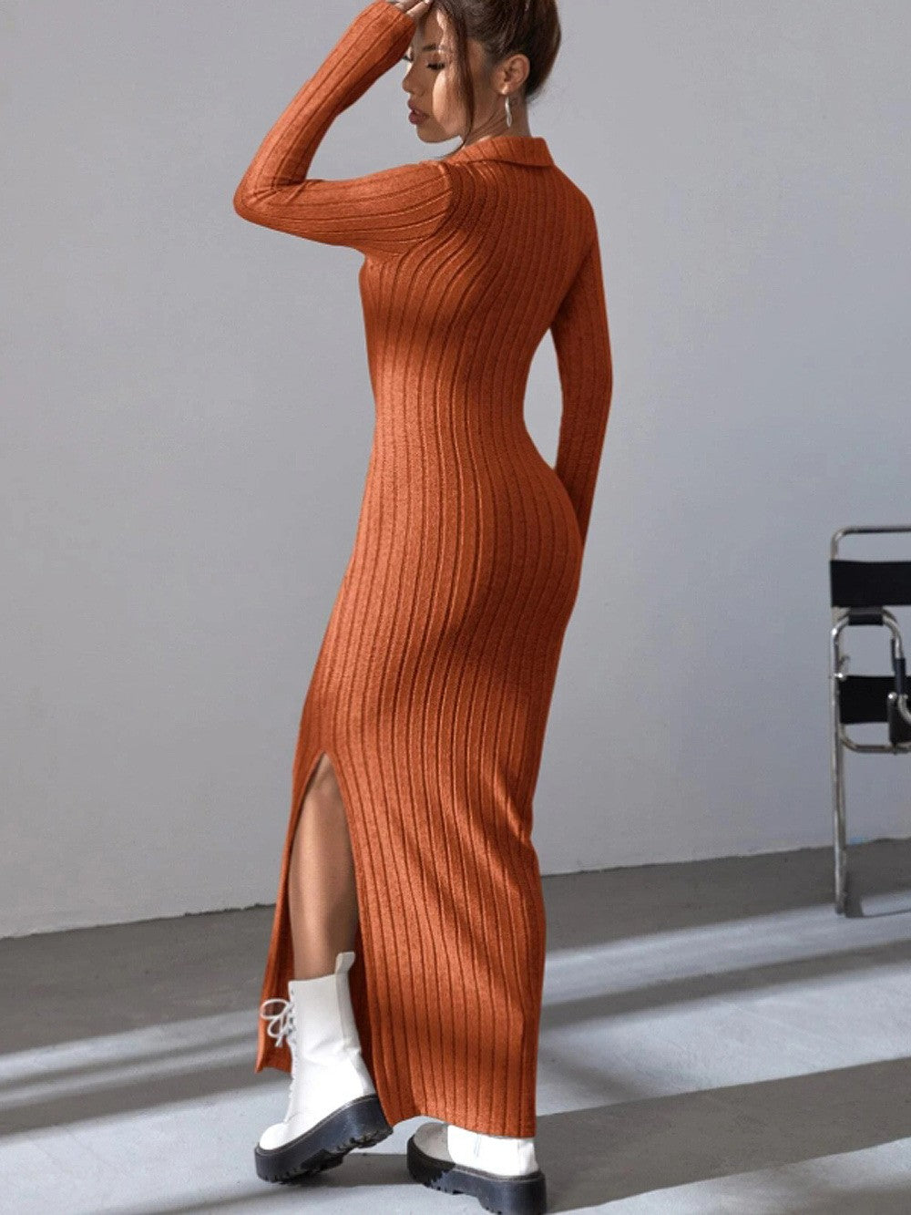 Spring and summer 2024 new style knitted slim lapel long sleeve dress pit strip solid color tight skirt