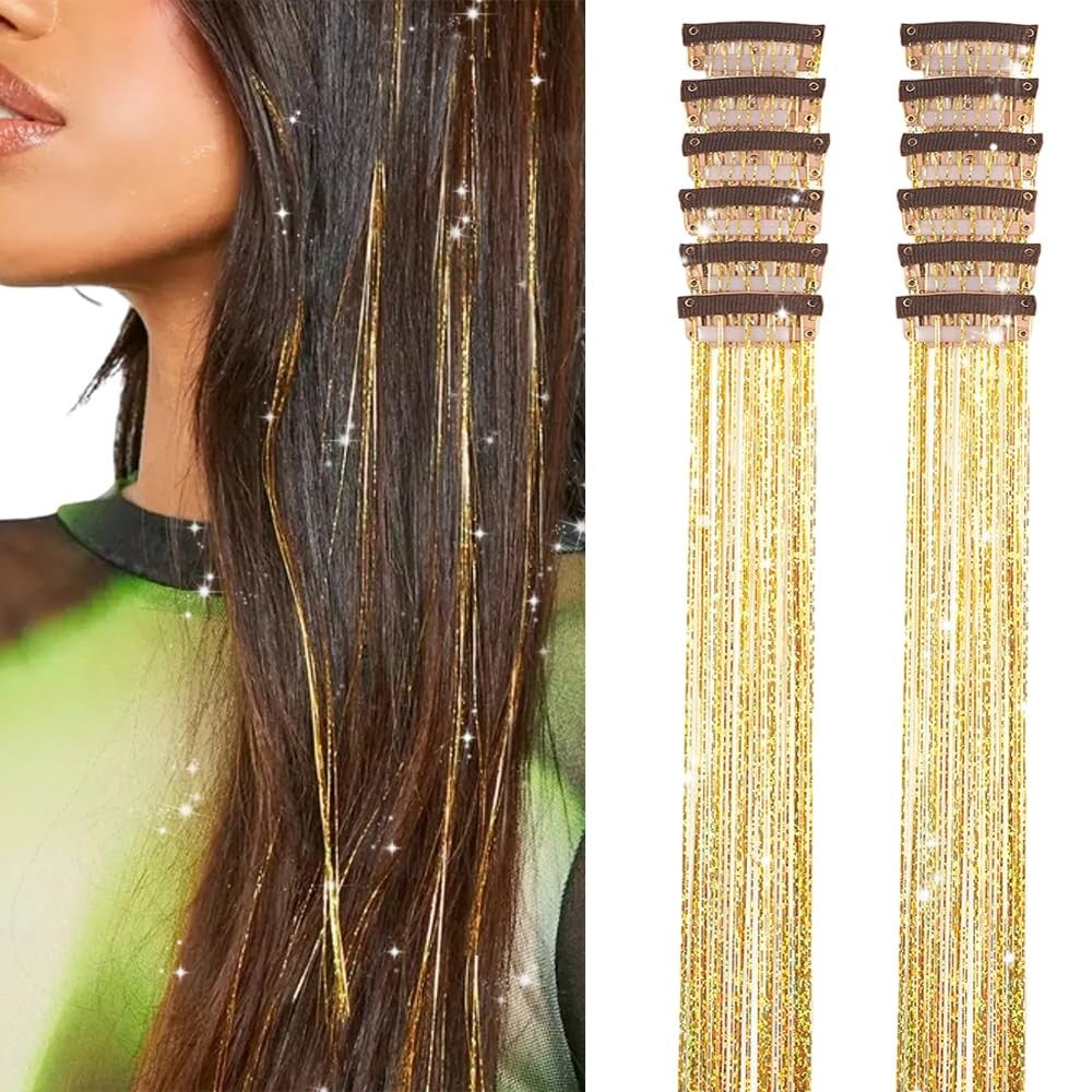 Pacote de 12 Unidades de Cabelo Extensor com Presilha, Tinsel Colorido com Brilho, Extensões de Cabelo de Fada, Acessório Cintilante para Festa de Mulheres, Meninas e Crianças