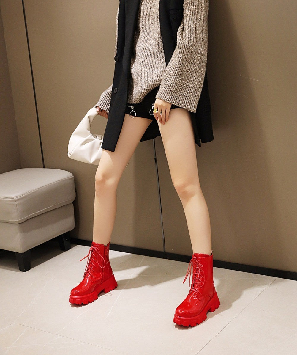Women Boots Patent Leather Platform Shoes Brand Ankle Fashion High Heel Boots Women Autumn Winter Warm Platform Boots Black Red