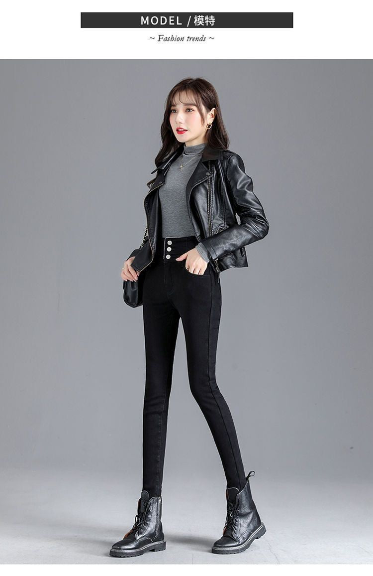 High Waist Slim Fit Fleece Lined Thickened Pencil Long Jeans Women's Autumn Winter New Style Fashionable And Elegant