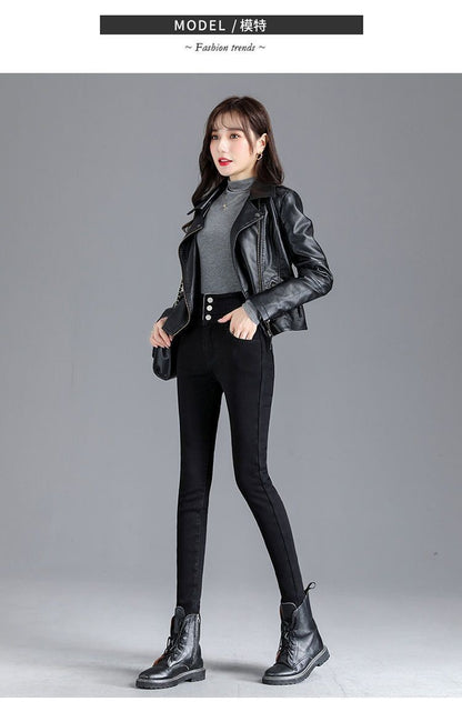 High Waist Slim Fit Fleece Lined Thickened Pencil Long Jeans Women's Autumn Winter New Style Fashionable And Elegant