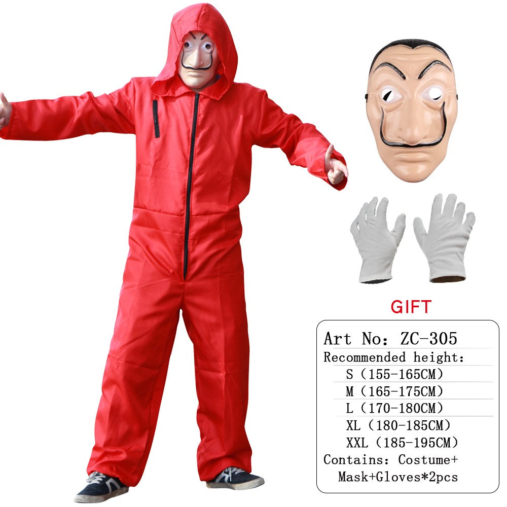 Red game Cosplay jumpsuit, party sportswear set, props, classic costumes, belts, full sets of masks Halloween party workwear