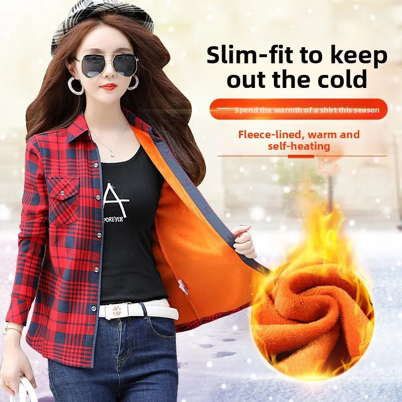 Thickened Fleece Women's Casual Shirt Korean Style All-Match Slim Fit Warm Plaid Elastic Large Size Button down Coat