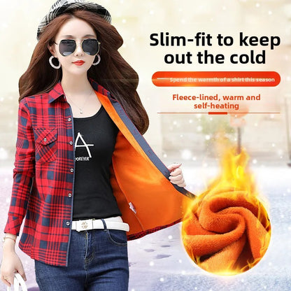 Thickened Fleece Women's Casual Shirt Korean Style All-Match Slim Fit Warm Plaid Elastic Large Size Button down Coat