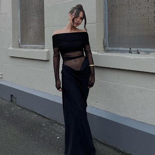 Y2k Summer New Solid Color Long Sleeve Off Shoulder Dresses Sexy Wrap Hip Mesh S