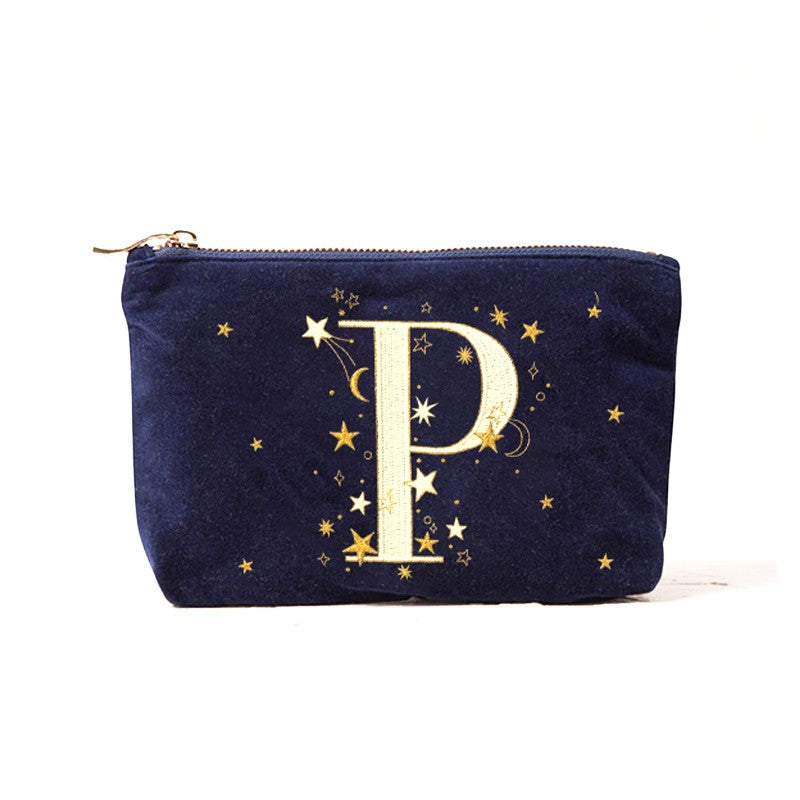 Alphabet Print Velvet Clutch Makeup Bag - Fashionable Cosmetic Pouch with Glittering Star Motif