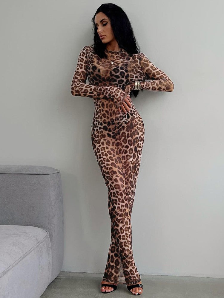Hugcitar Leopard Print Mesh Long Sleeve Sexy Slim  See Through Maxi Dress Fall W