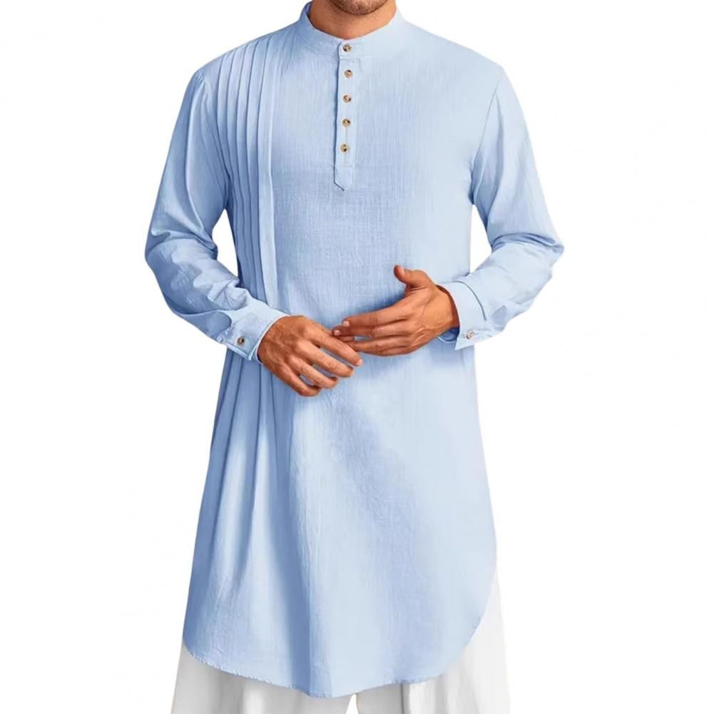 Men's Cotton Linen Kaftan Robe – Long Sleeve Button-Up Thobe for Prayer, Casual & Arabic Style | Breathable & Comfortable