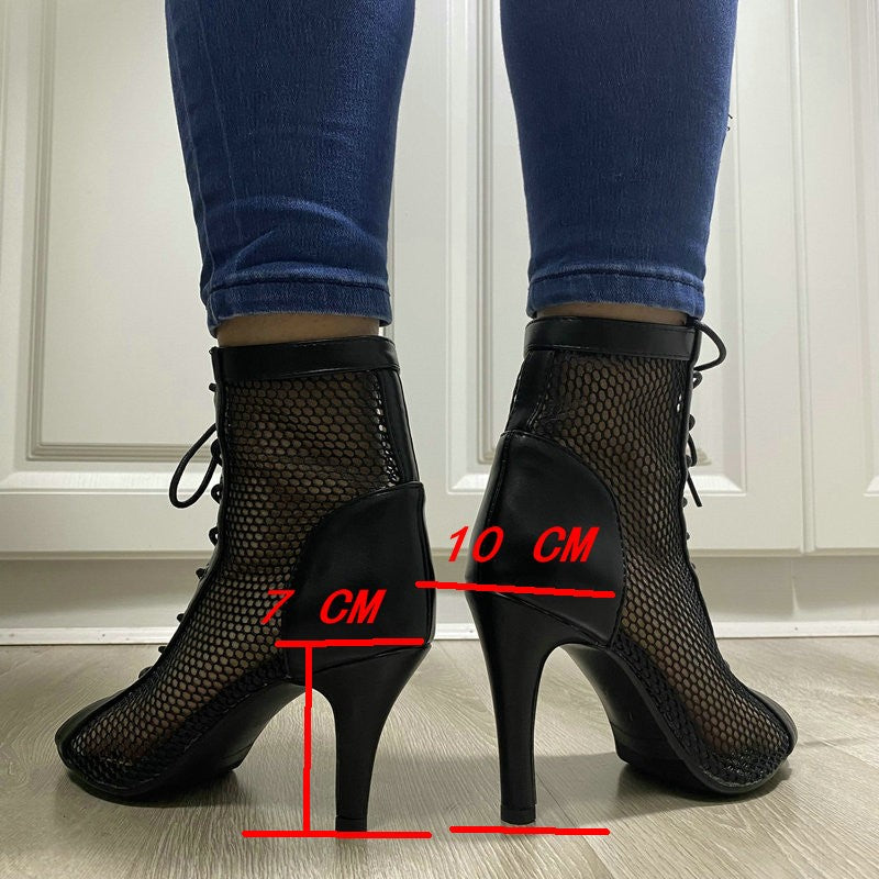 Novas Sandálias Femininas de Salto Alto Sexy Vazadas em Tela Tendência da Moda Verão Conforto Peep Toe Botas Stilettos Jazz Dance Tamanhos Grandes