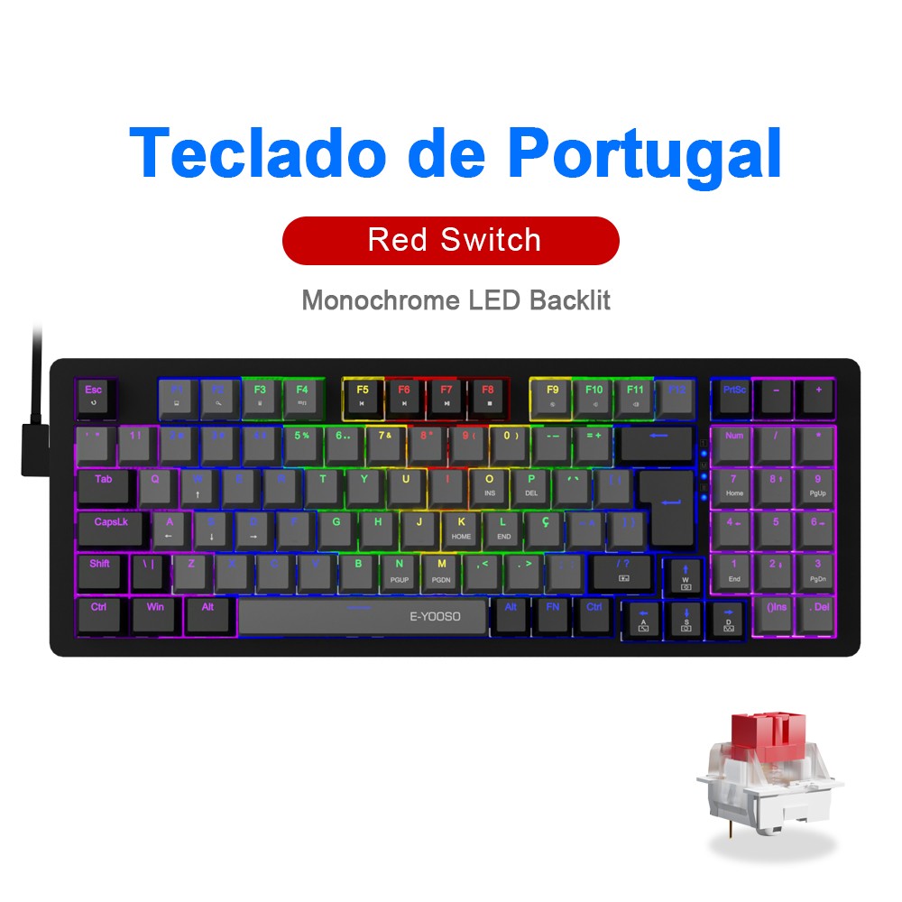Teclado Mecânico Gamer E-YOOSO Z94 USB com Fio LED Monocromático Retroiluminado Switch Azul Vermelho 94 Teclas para Computador Laptop PC