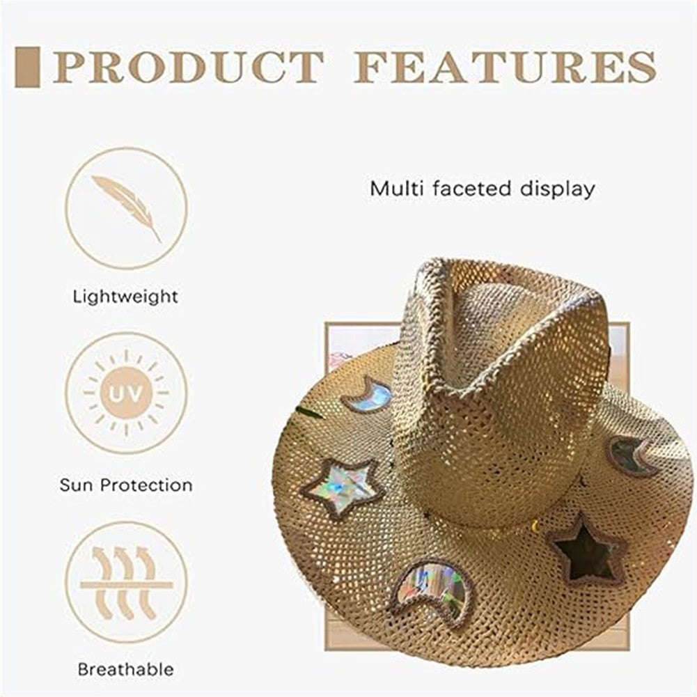 Straw Western Cowboy Hat for Women Shapeable Cowgirl Hat Vintage Summer Woven Sun Hat for Music Festival Party Beach
