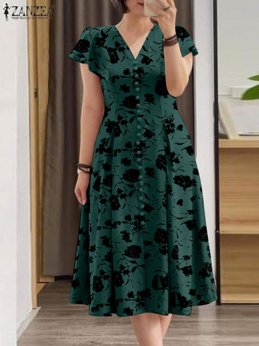 ZANZEA Woman Summer Dresses Ruffle Sleeve V-Neck Cinch Waist, Womens Elegant Flo