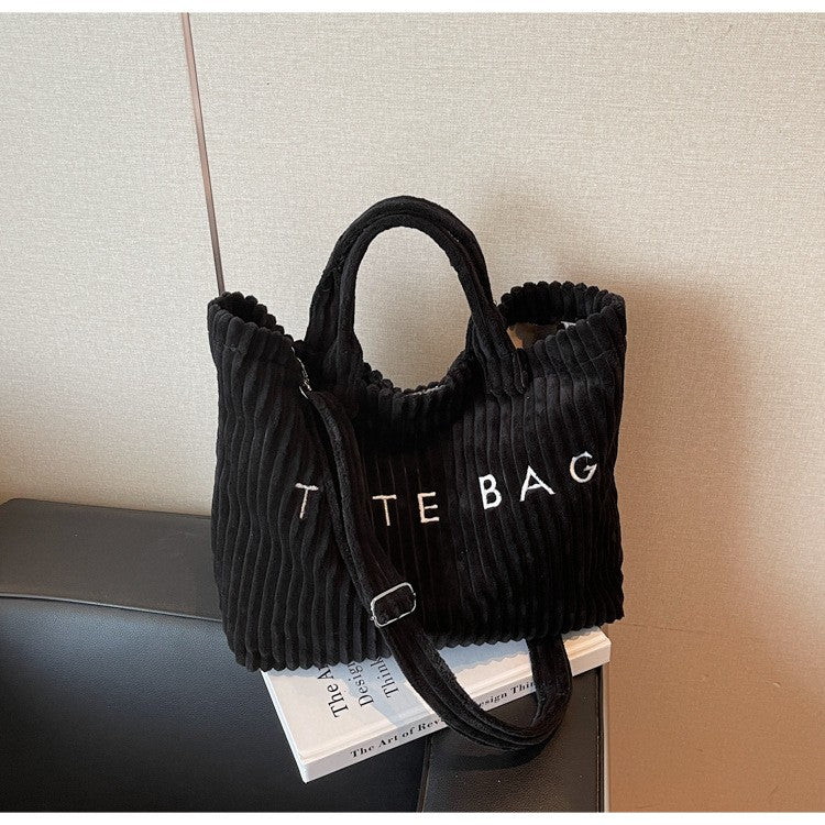 Large Capacity Striped Velvet Handbag Shoulder Bag for Woman Handbags Crossbody Bags, Versatile Letter Corduroy Women's Tote Bag