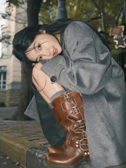 Arden Furtado 2025 Genuine Leather Platform Rivet Motorcycle boots Round toe Belt buckle Block heel mid wide calf Western boots