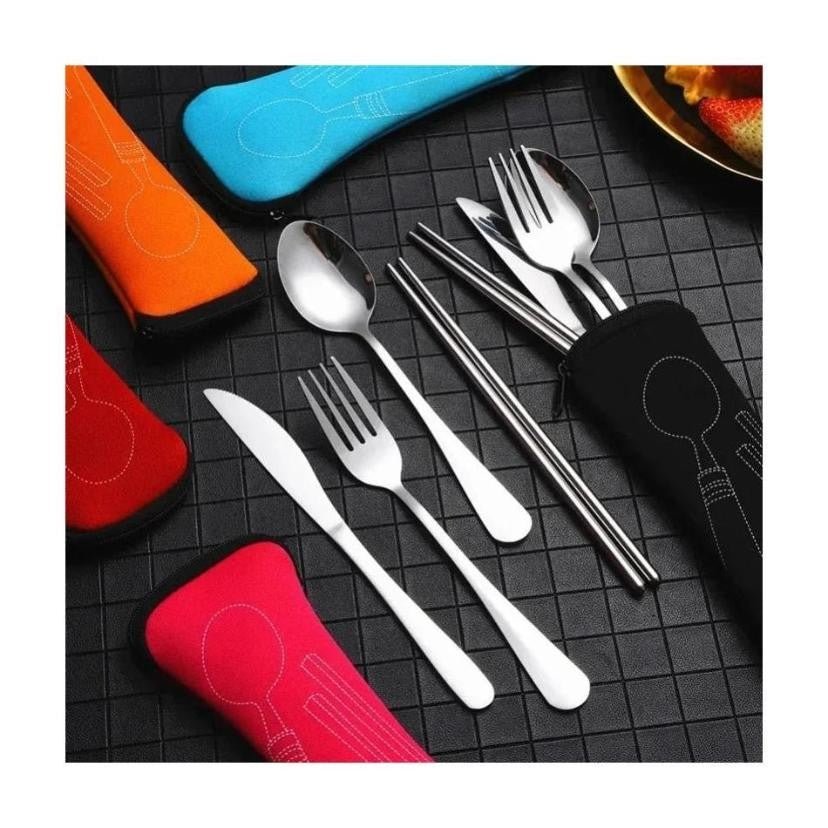 7/3 Peças Conjunto de Talheres de Aço Inoxidável para Acampamento ao Ar Livre Faca de Bife Garfo Colher para Comida Ocidental Bolsa de Pano Criativa Portátil