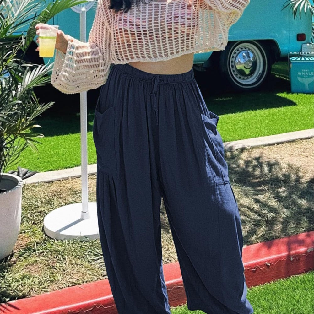 Women's Stretched-waist Pleated High-waisted Wide-leg Trousers Spring Autumn Fashion Cotton Linen Pocket Casual Trousers Woman