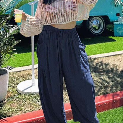 Women's Stretched-waist Pleated High-waisted Wide-leg Trousers Spring Autumn Fashion Cotton Linen Pocket Casual Trousers Woman