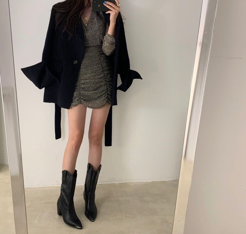 Retro Chic Autumn Winter Woolen Coat One Button Long Sve Suit Collar Waist Cinched Side Slit Warm Knitwear for Women