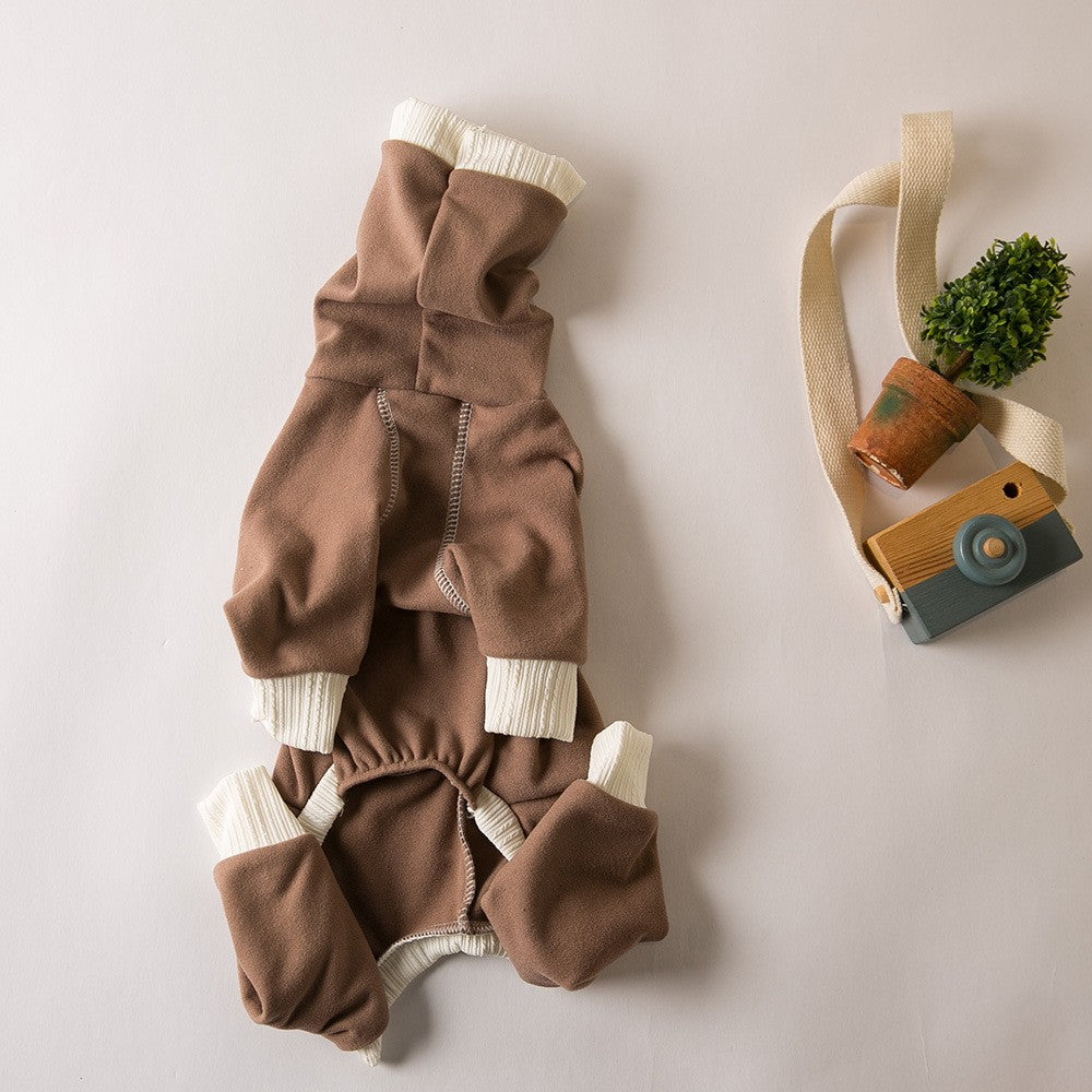 Roupas de cachorro, pelúcia, quente, gola alta, quatro patas, ligeiramente elásticas, estilo "Little Lingti", roupinhas "Huibit", base quente de quatro patas.