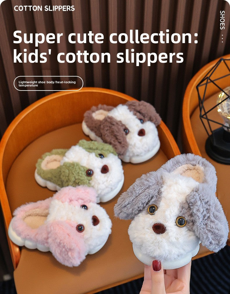 Kids Cotton Slippers Winter Boys Girls Non Slip Indoor Cute Dog Design Warm House Shoes for Children