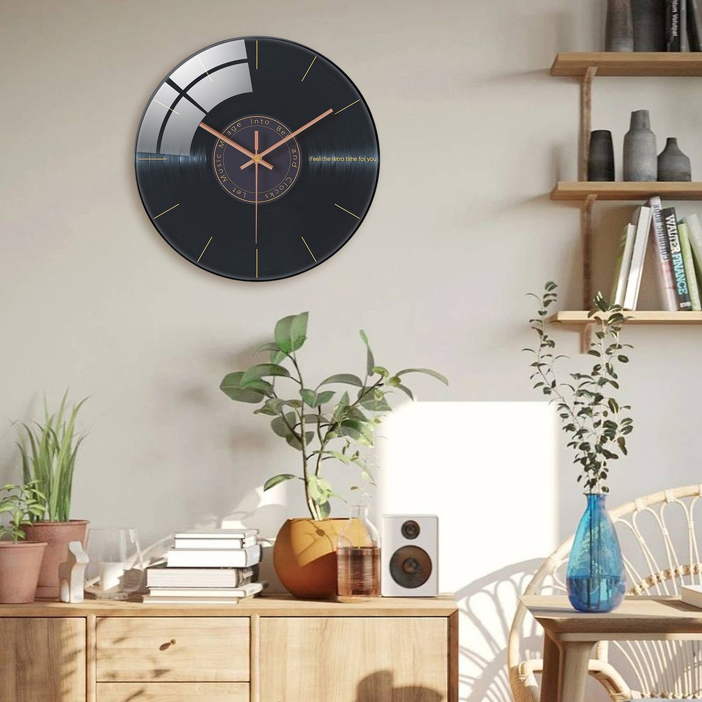 Creative Music Element Vinyl Record Pattern Tempered Glass Wall Clock Living Room Bedroom Kitchen Home Decoration Wall Clock Silent Quartz Clock Holiday Gift 12 Inches 14 Inches 16inch (Without Batteries)