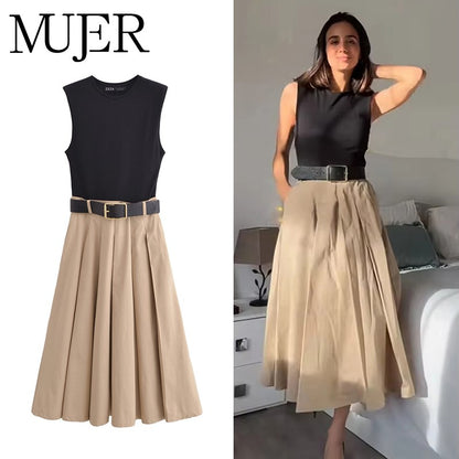 MUJER 2025 Woman Dresses Belt Pleated Midi Dress Women Sleeveless Summer Dress W